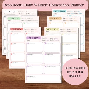Waldorf Homeschool Daily Rhythm Write-in Planner, 7-dniowe kolorowe dni tygodnia, Rudolf Steiner, główna lekcja i organizator zadań, do druku