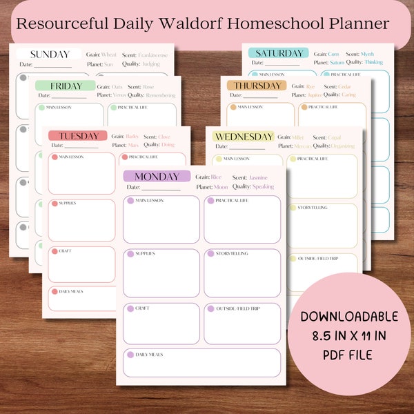 Waldorf Homeschool Daily Rhythm Write-in Planner, 7-Days Color Days of the Week, Rudolf Steiner, Main lesson and Tasks Organizer, printable