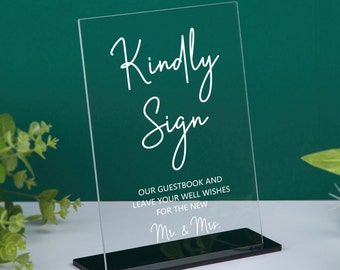 Kindly Sign Our Guestbook and Leave Your Well Wishes for the New Mr. and Mrs., Modern Minimalist Acrylic Wedding Sign, Wedding Tabletop Sign