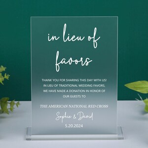 In Lieu of Favors Sign, Charity Donation Sign, Modern Minimalist Wedding Signage, Clear or Frosted Acrylic Wedding Signs