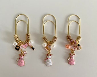 Pink Dress Book Mark Charm | Planner Accessories | Paperclip Book Mark | Dangle Clip| Gifts for Her | Pearls | Mother’s Day Gift | Gold