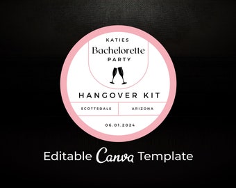 Puede incluir: Un diseño circular rosa y blanco para un kit de resaca de despedida de soltera. El diseño incluye el texto "KATIES Bachelorette PARTY HANGOVER KIT" con la ubicación "SCOTTSDALE ARIZONA" y la fecha "06.01.2024". Las palabras "Editable Canva Template" están en la parte inferior.