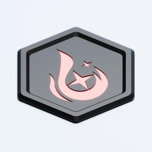 以下が含まれることがあります： ピンクの炎と星のデザインが施された黒い六角形のバッジ。炎はスタイリッシュで、下部に三日月形をしています。星は三日月の内側にあります。