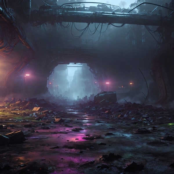 SciFi Alien Passage Art - Dark Cyberpunk Pathway Scene - Gift for Sci-Fi Enthusiasts - Mysterious Dark Sci-Fi Corridor - Alien Artwork