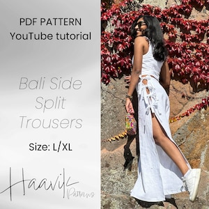 Puede incluir: Un patrón de pantalón de lino blanco con una abertura lateral y un detalle de lazo. El patrón es para las tallas L/XL. El texto "Bali Side Split Trousers" y "PDF PATTERN YouTube tutorial" es visible en la imagen. El texto "Haavik Patterns" también es visible en la imagen.