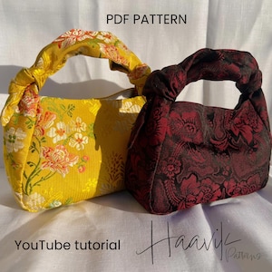 May include: Two small handbags with knotted handles. The bag on the left is yellow with a floral pattern. The bag on the right is burgundy with a floral pattern. The text "PDF PATTERN" and "YouTube tutorial" are visible in the image.