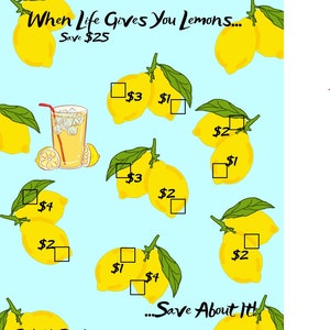 May include: A light blue background with a repeating pattern of yellow lemons and green leaves. The image includes a glass of lemonade with ice and a straw. Text reads "When Life Gives You Lemons... Save $25 ...Save About It!" and "Budget In Purple".