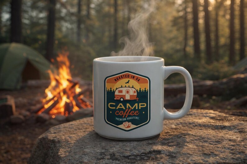 May include: A white ceramic mug with a "Camp Coffee" logo featuring a vintage camper, trees, and the text "Roasted in GA." Steam rises from the coffee. The mug sits on a rock near a campfire and a tent.