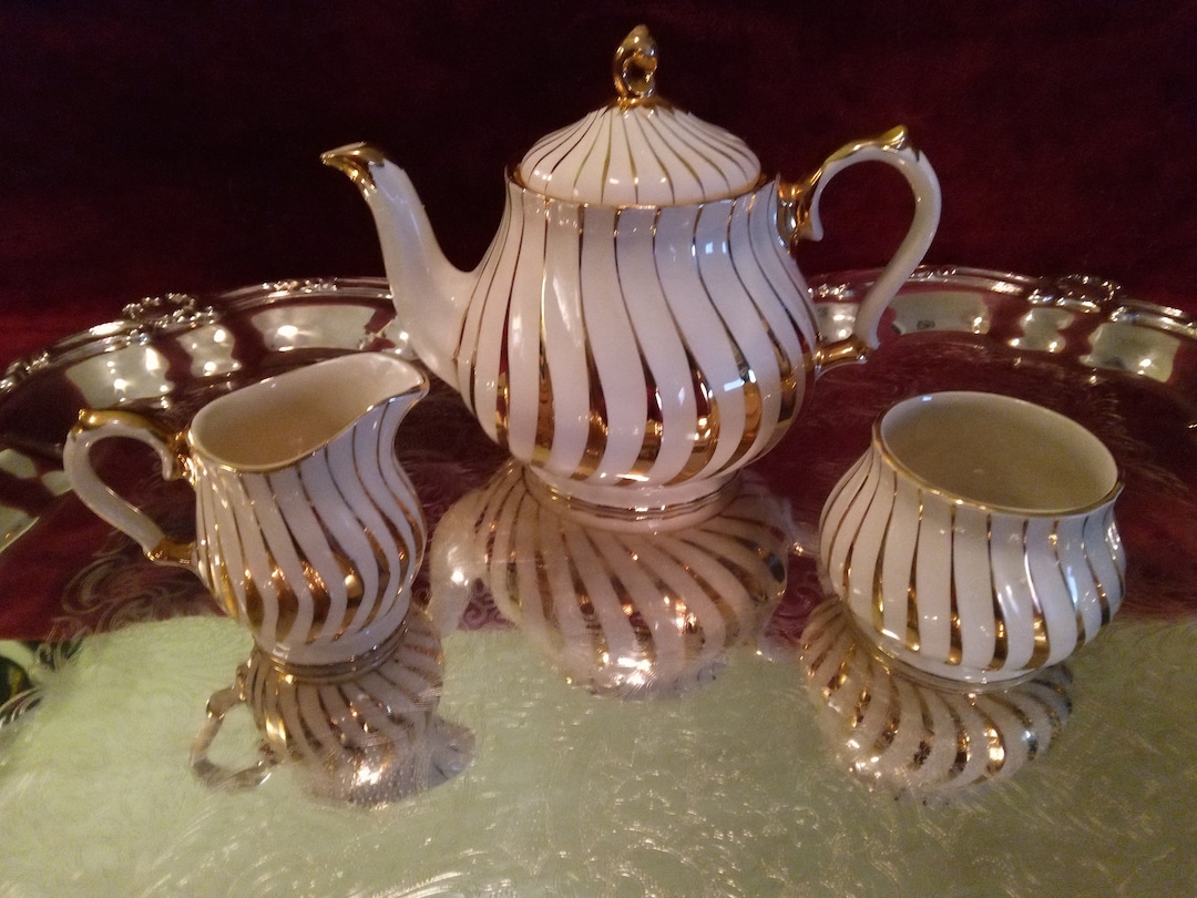 Sadler England Porcelain Teapot With Cream & Sugar Bowls Ivory and Gold