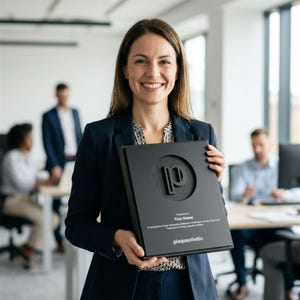 May include: A woman holds a black plaque with a raised "p" logo and the text "plaquesthetic." The plaque also includes the text "Presented to Your Name" and a dedication. The woman is wearing a navy blazer.