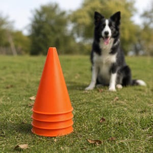 May include: A stack of bright orange training cones on a grassy field. A black and white dog sits in the background, appearing attentive. The cones are made of a durable plastic material, ideal for agility training.