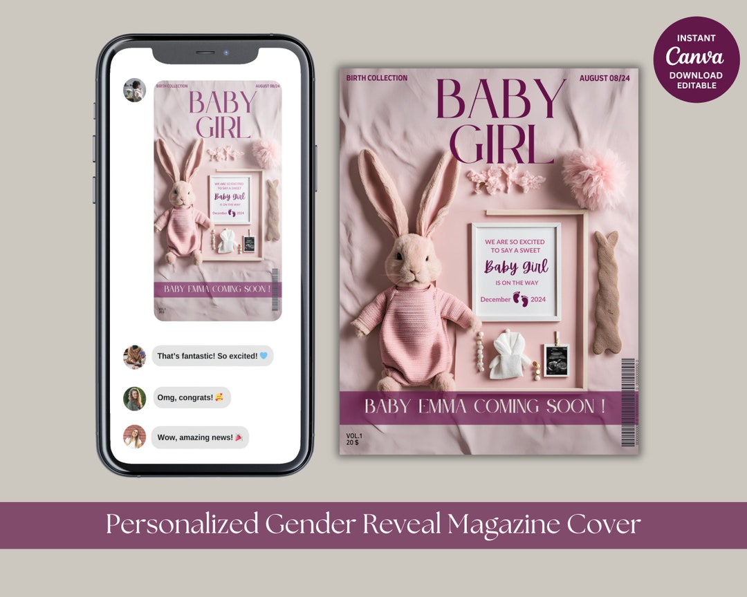 It's a Girl! Custom Baby Gender Reveal Magazine Cover Template, She's ...