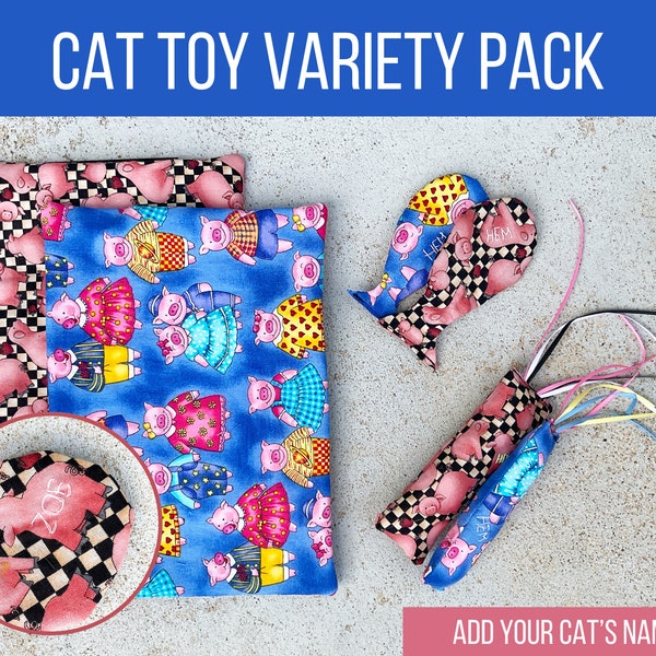 Customized Cat Toy Bundle Handmade Eco Friendly Cat Toy Variety Pack for Playtime Pig Themed Cat Toys with Catnip Add Cat Name to Toy