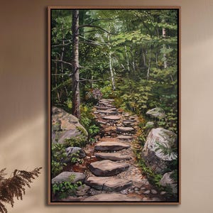 Arte de pared enmarcado en la naturaleza, decoración de la pared del paisaje del camino del bosque, arte moderno del lienzo de la granja, decoración abstracta del lienzo botánico, decoración de la sala de estar