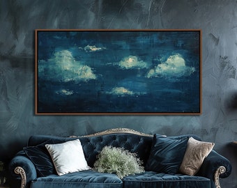 Donkerblauwe wolken ingelijste muurkunst, abstracte bewolkte muur decor, minimalistische woonkamer canvas kunst, maximalistische home decor, slaapkamer canvas print