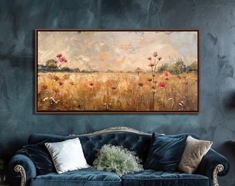 Countryside Wall Art, Wildflowers Wall Decor, Vintage Farmhouse Canvas Art, Floral Country Large Canvas Print, Botanical Living Room Decor