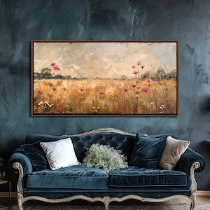 Arte de parede de campo, decoração de parede de flores silvestres, arte em tela de fazenda vintage, impressão em tela grande de país floral, decoração botânica de sala de estar