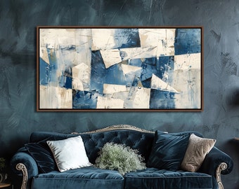 Abstract Blue Beige White Wall Art, Vintage Abstract Wall Decor, Modern Gallery Framed Canvas Art, Minimalist Living Room Large Canvas Print