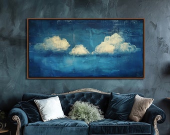 Sky & Clouds Wall Art, Minimalist Cloudy Weather Landscape Wall Decor, Vintage Blue Living Room Canvas Art, Abstract Above Bed Canvas Decor