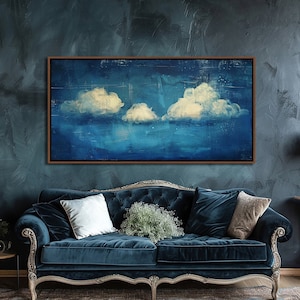 Sky & Clouds Wall Art, Minimalist Cloudy Weather Landscape Wall Decor, Vintage Blue Living Room Canvas Art, Abstract Above Bed Canvas Decor