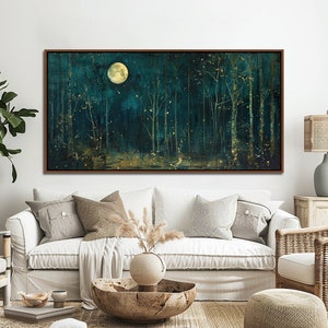 Arte da parete con luna e stelle, arredamento vintage con paesaggio naturale della foresta oscura, arte su tela con vista del cielo notturno, segno mistico di mezzanotte, stampa su tela della fattoria