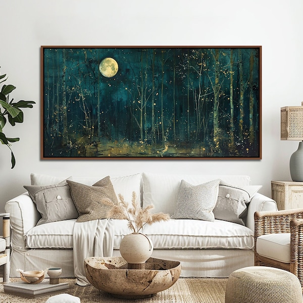 Arte de la pared de la luna y las estrellas, decoración de la naturaleza del paisaje del bosque oscuro vintage, arte del lienzo con vista del cielo nocturno, signo místico de medianoche, impresión de lienzo de la granja