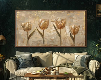 Gold Tulips Framed Wall Art, Vintage Farmhouse Sign, Beige Flowers Wall Decor, Floral Canvas Art, Modern Living Room Large Canvas Print Gift