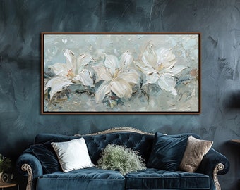 White Lilies Wall Decor, Vintage Big Flower Wall Art, Floral Living Room Canvas Art, Abstract Home Canvas Print, Modern Farmhouse Decor Gift