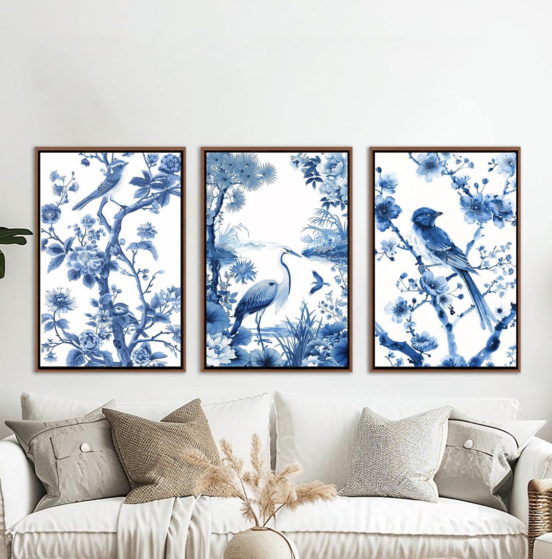 Blue Chinoiserie Framed Wall Art, Botanical Set of 3 Wall Decor ...