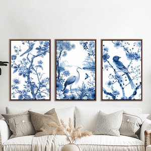 Blue Chinoiserie Framed Wall Art, Botanical Set Of 3 Wall Decor, Vintage Floral Minimalist Canvas Art, Modern Farmhouse Large Canvas Print