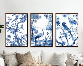 Blue Chinoiserie Framed Wall Art, Botanical Set Of 3 Wall Decor, Vintage Floral Minimalist Canvas Art, Modern Farmhouse Large Canvas Print