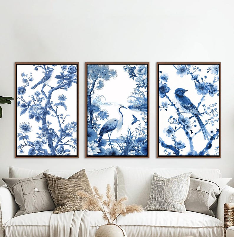 Blue Chinoiserie Framed Wall Art, Botanical Set of 3 Wall Decor ...