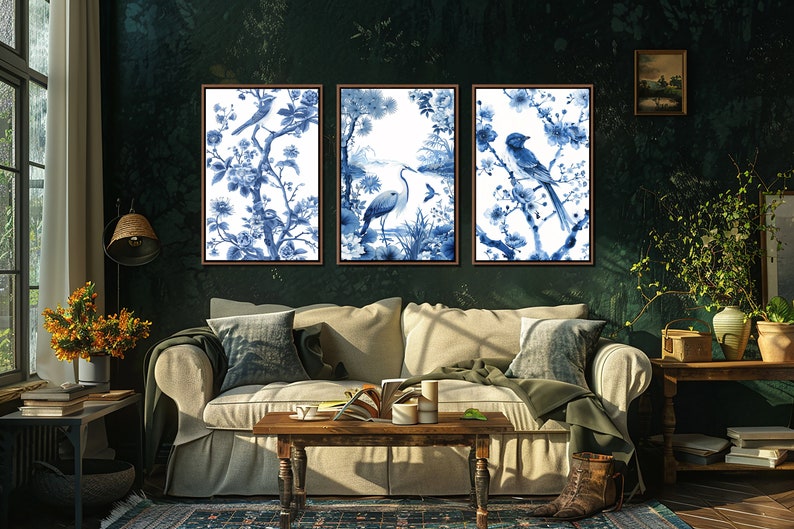 Blue Chinoiserie Framed Wall Art, Botanical Set of 3 Wall Decor ...