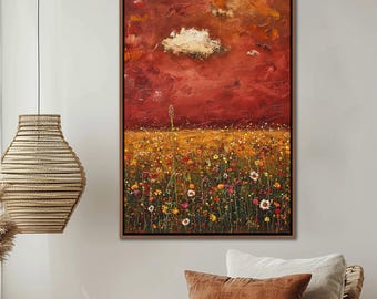Spring Wildflowers Framed Wall Art, Vintage Botanical Landscape Wall Decor, Vintage Daisy Canvas Art, Rustic Farmhouse Large Canvas Print