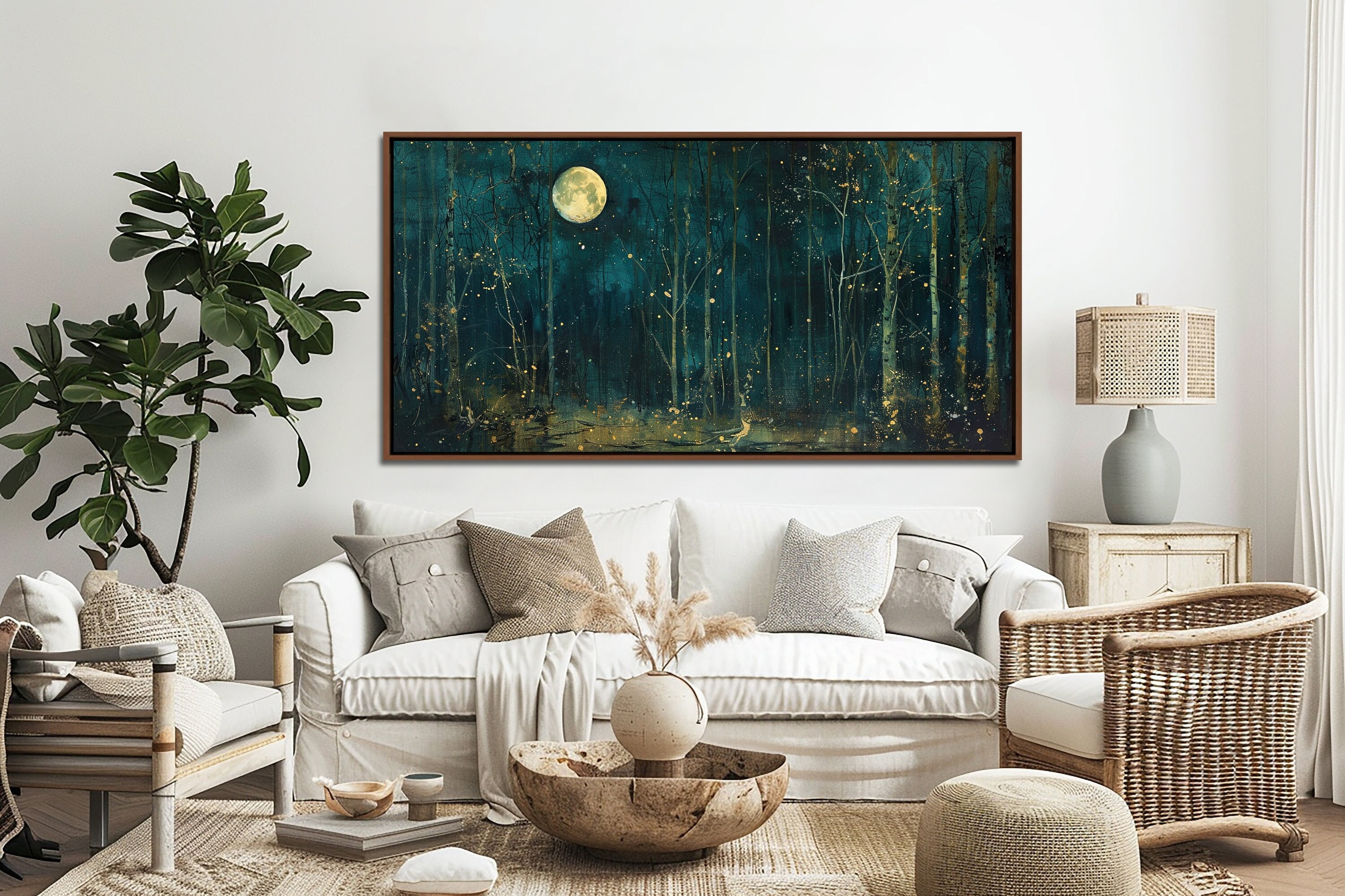 Moon & Stars Wall Art, Vintage Dark Forest Landscape Nature Decor, Night Sky View Canvas Art, Mystical Midnight Sign, Farmhouse Canvas Print