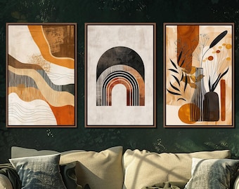 Abstract Boho Wall Art, Minimalist Set Of Three Wall Decor, Botanical Canvas Art, Neutral Modern Farmhouse Canvas Decor, Floral Canvas Print