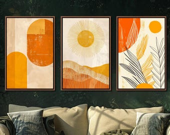 Abstract Yellow Orange Tones Set Of 3 Wall Art, Boho Style Landscape Framed Canvas Art, Minimalist Home Decor, Modern Farmhouse Canvas Print