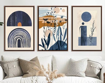 Abstract Blue & White Wall Art, Set Of Three Floral Wall Decor, Modern Home Decor, Abstract Minimalist Canvas Art, Farmhouse Canvas Print
