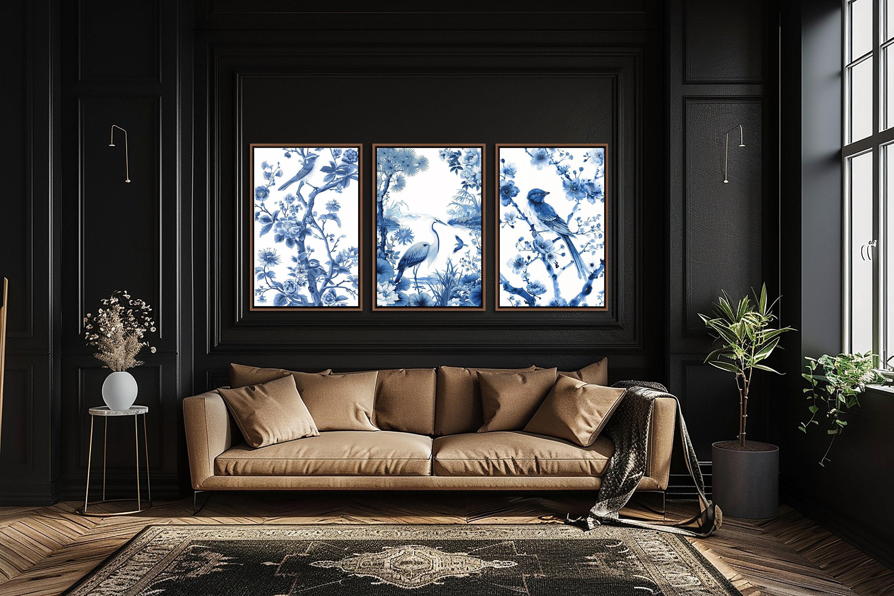 Blue Chinoiserie Framed Wall Art, Botanical Set of 3 Wall Decor ...