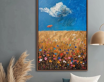 Wildflower Field Wall Art, Vintage Cloud Wall Decor, Botanical Canvas Art, Floral Landscape Canvas Decor, Rustic Living Room Canvas Print