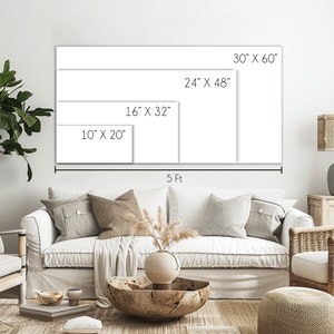 K&ouml;nnte beinhalten: Eine wei&szlig;e Wand mit einem Diagramm, das verschiedene Gr&ouml;&szlig;en von Leinwanddrucken zeigt. Die Gr&ouml;&szlig;en sind 10" x 20", 16" x 32", 24" x 48" und 30" x 60". Das Diagramm ist mit "5 ft" beschriftet.