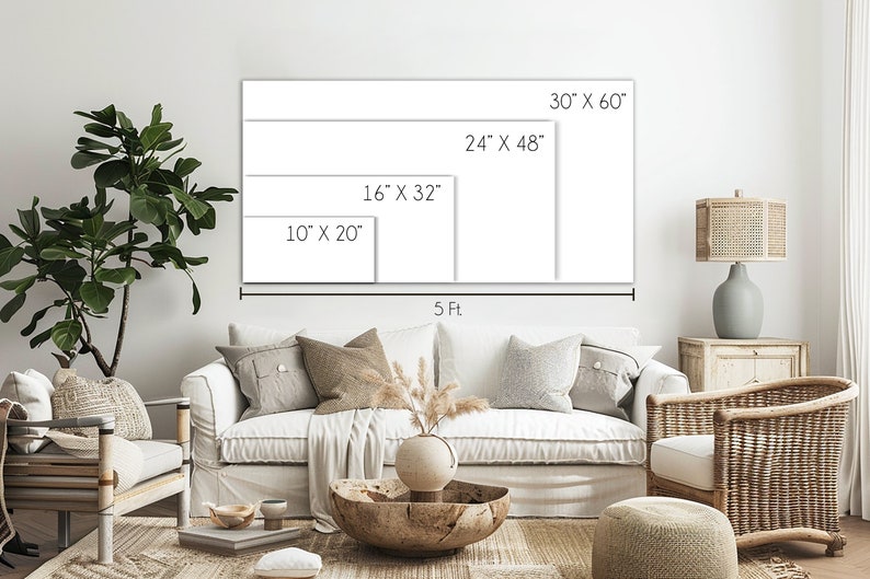 K&ouml;nnte beinhalten: Eine wei&szlig;e Wand mit einem Diagramm, das verschiedene Gr&ouml;&szlig;en von Leinwanddrucken zeigt. Die Gr&ouml;&szlig;en sind 10" x 20", 16" x 32", 24" x 48" und 30" x 60". Das Diagramm ist mit "5 ft" beschriftet.