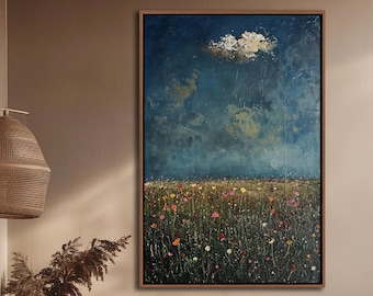 Wildflowers Field Framed Wall Art, Rustic Dark Blue Sky & Flowers Wall Decor, Floral Landscape Canvas Art, Vintage Farmhouse Canvas Print