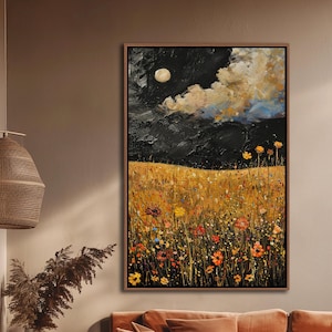 Wildblumen Feld gerahmte Wandkunst, abstrakter Nachthimmel & Mond Dekor, Vintage Blumen Leinwand Kunst, rustikale Bauernhaus Wohnzimmer Leinwanddruck
