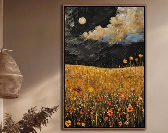 Wildflowers Field Framed Wall Art, Abstract Night Sky & Moon Decor, Vintage Floral Canvas Art, Rustic Farmhouse Living Room Canvas Print