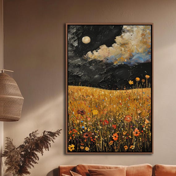 Wildflowers Field Framed Wall Art, Abstract Night Sky & Moon Decor, Vintage Floral Canvas Art, Rustic Farmhouse Living Room Canvas Print