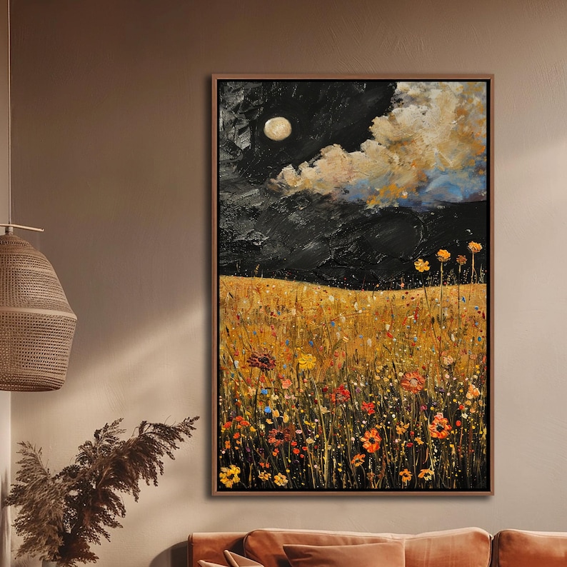 Puede incluir: Una pintura de un campo de flores silvestres bajo un cielo oscuro con luna llena y nubes. Las flores son en tonos de amarillo, naranja, rojo y morado. El cielo es de un azul profundo con algunas nubes blancas. La luna es un c&iacute;rculo blanco brillante.