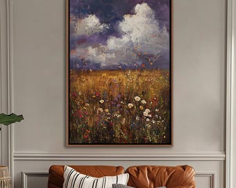 Field Of Spring Wildflowers Framed Wall Art, Vintage Floral Decor, Botanical Landscape Sign, Rustic Farmhouse Canvas Art, Living Room Decor