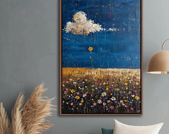 Spring Wildflowers Field Framed Wall Art, Vintage Floral Landscape Wall Decor, Rustic Farmhouse Canvas Art, Flower Spring House Canvas Print