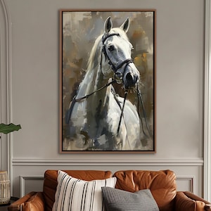 White Horse Portrait Framed Wall Art, Vintage Horse Wall Decor, Farmhouse Canvas Art, Rustic Animal Canvas Decor, Natural Large Canvas Print